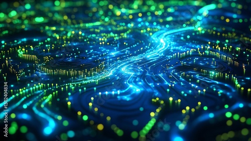 A futuristic city powered by glowing blue and green plasma energy