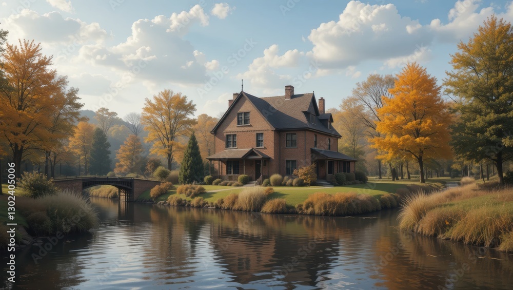 Charming House Surrounded by Colorful Autumn Foliage and Reflective Water in a Serene Landscape Charming House Surrounded by Colorful Autumn Foliage and Reflective Water in a Serene Landscape