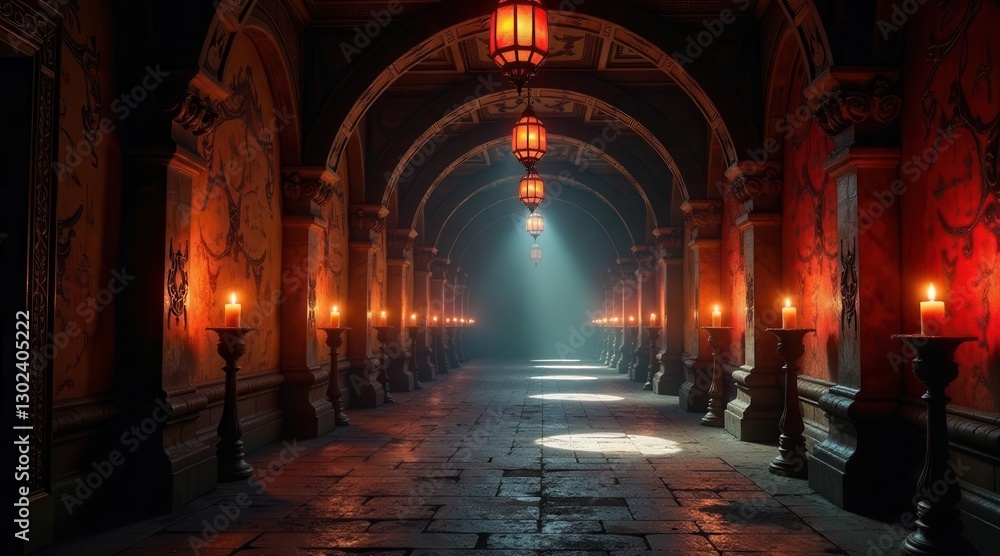 Fototapeta premium Mysterious candlelit hallway with ornate architecture and hanging lanterns casting an ethereal glow
