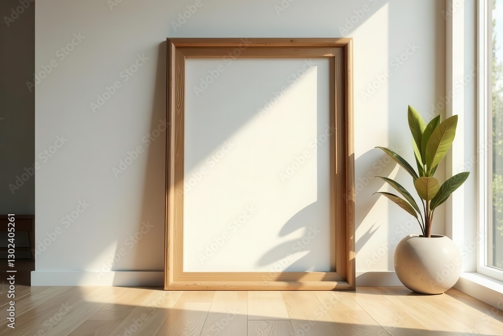 Empty wooden frame mockup against a bright white wall, sunlight streaming through a nearby window illuminating a potted plant on light wood flooring Empty wooden frame mockup against a bright white wall, sunlight streaming through a nearby window illuminating a potted plant on light wood flooring
