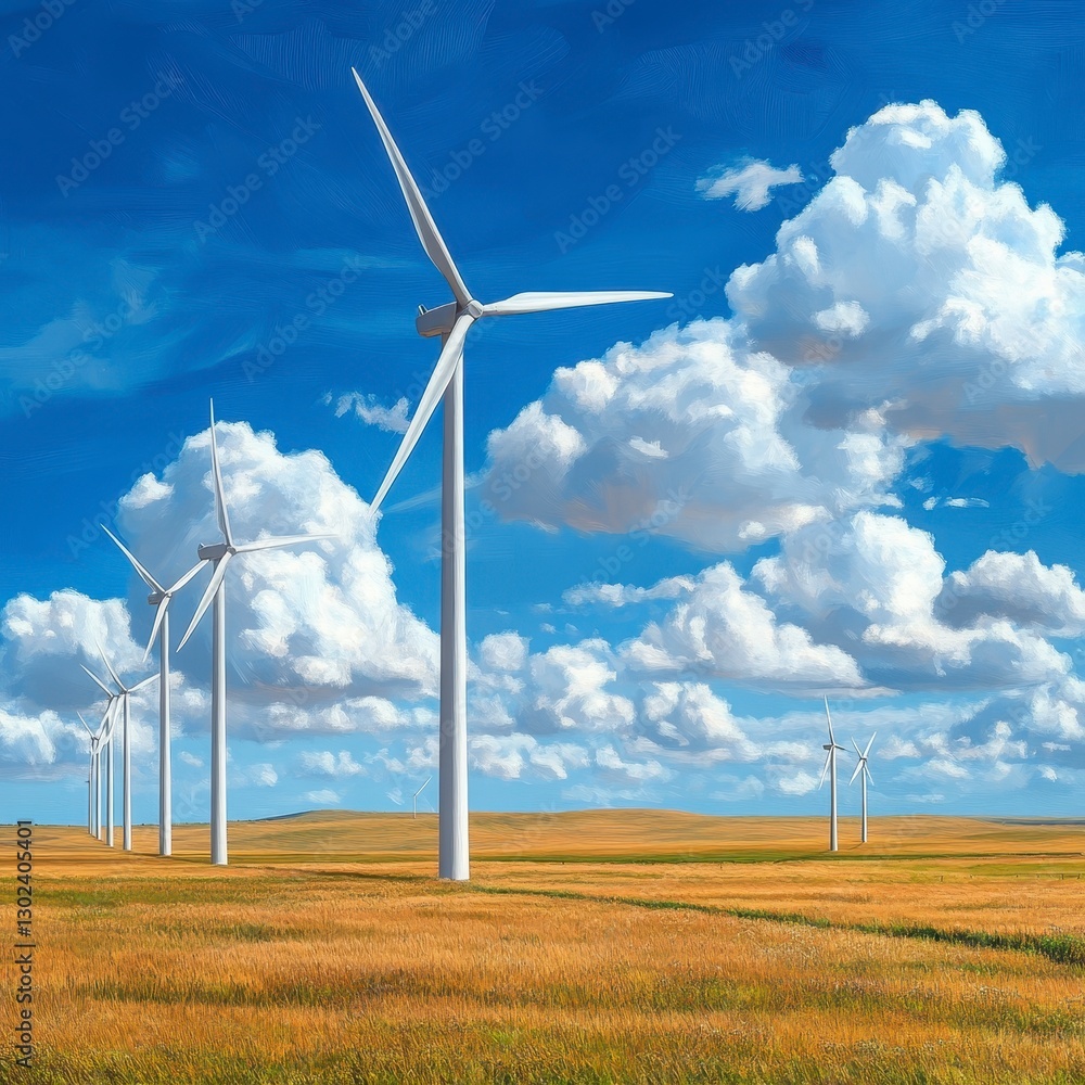 Wind Turbines in Golden Field Under Dramatic Sky with Clouds Wind Turbines in Golden Field Under Dramatic Sky with Clouds