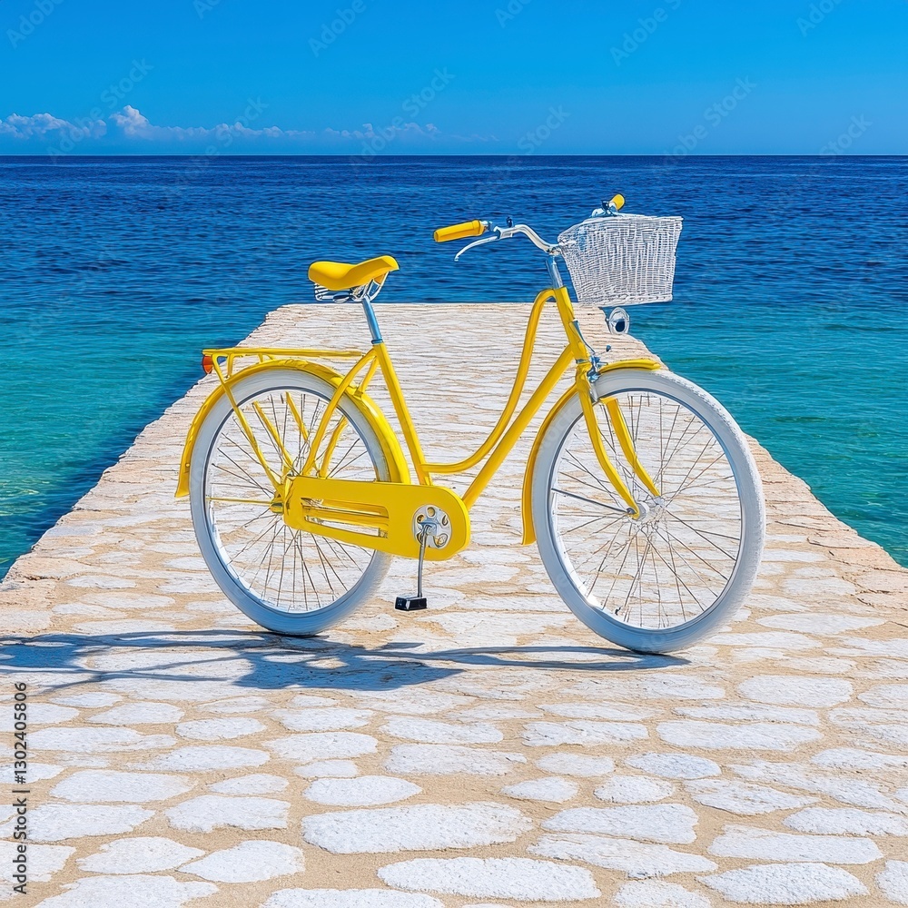 Fototapeta premium Bright Yellow Bicycle on a Path by the Turquoise Sea