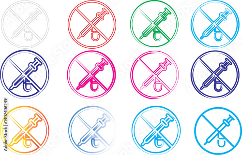 Colorful circular icons, no symbol, crossed out circles, vibrant colors, minimalist design, flat graphic style, red, green, blue, purple, pink, orange, yellow, teal, repetitive pattern, clean lines, s