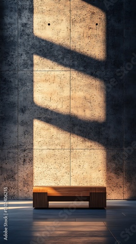 Bench bathed in sun on concrete wall