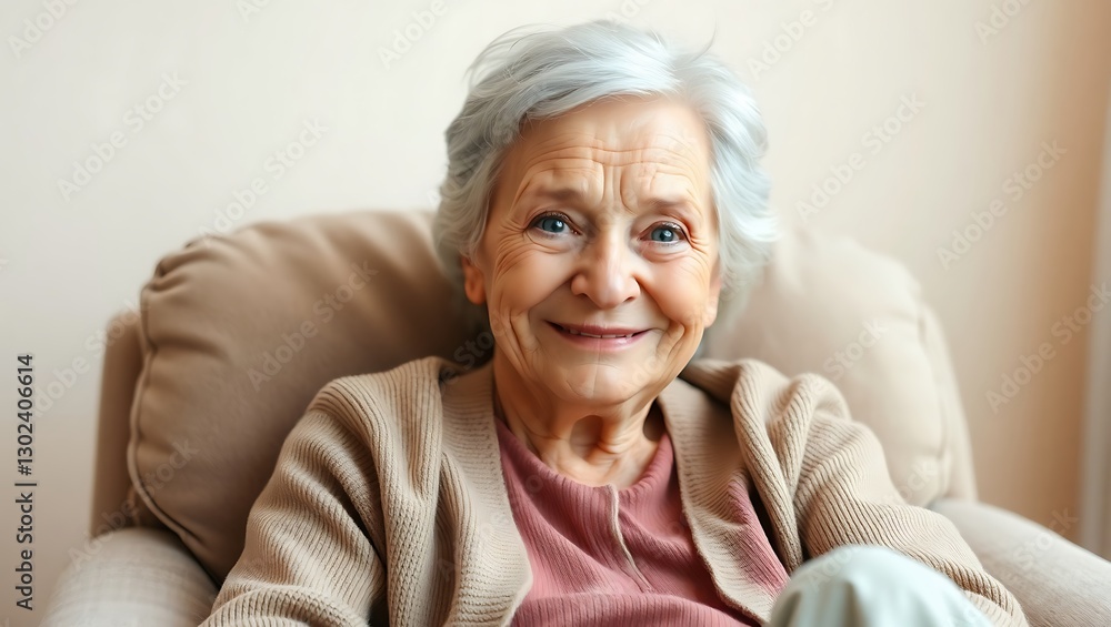 Smiling Elderly Woman in Casual Wear Sitting Comfortably – Generative AI Portrait Smiling Elderly Woman in Casual Wear Sitting Comfortably – Generative AI Portrait