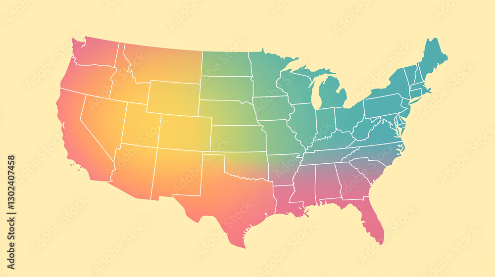 Fototapeta premium A colorful gradient map of the United States, showcasing distinct regions in a vibrant blend of colors against a soft background.