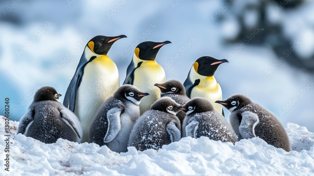 Fototapeta premium A group of emperor penguins huddling together against the cold Antarctic winds