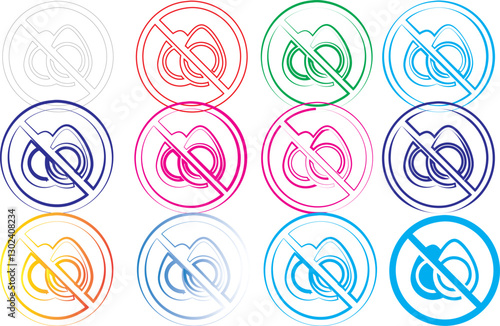 Colorful circular icons, no symbol, crossed out circles, vibrant colors, minimalist design, flat graphic style, red, green, blue, purple, pink, orange, yellow, teal, repetitive pattern, clean lines, s