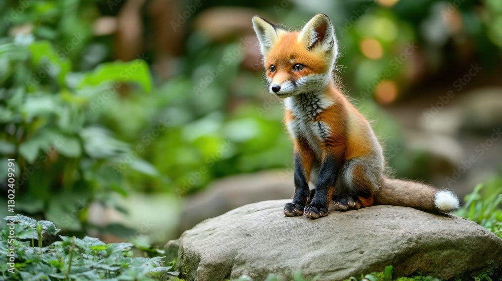 Obraz premium Young Red Fox Sitting on a Rock Surrounded by Lush Greenery