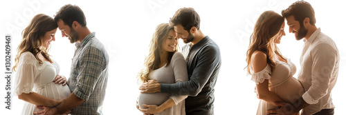 A Set of Romantic Poses of Pregnant Couple Embracing Isolated on Transparent Background