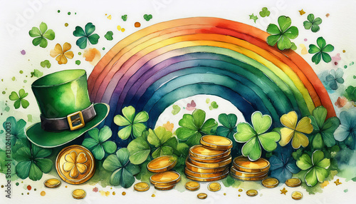 Watercolor Composition of Lucky Charms  Four-Leaf Clovers, Golden Coins, and a Leprechaun