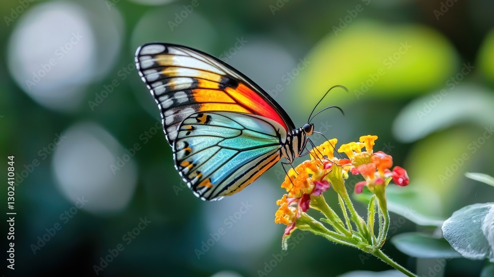 A close-up of a butterfly perched on a flower with colorful wings A close-up of a butterfly perched on a flower with colorful wings
