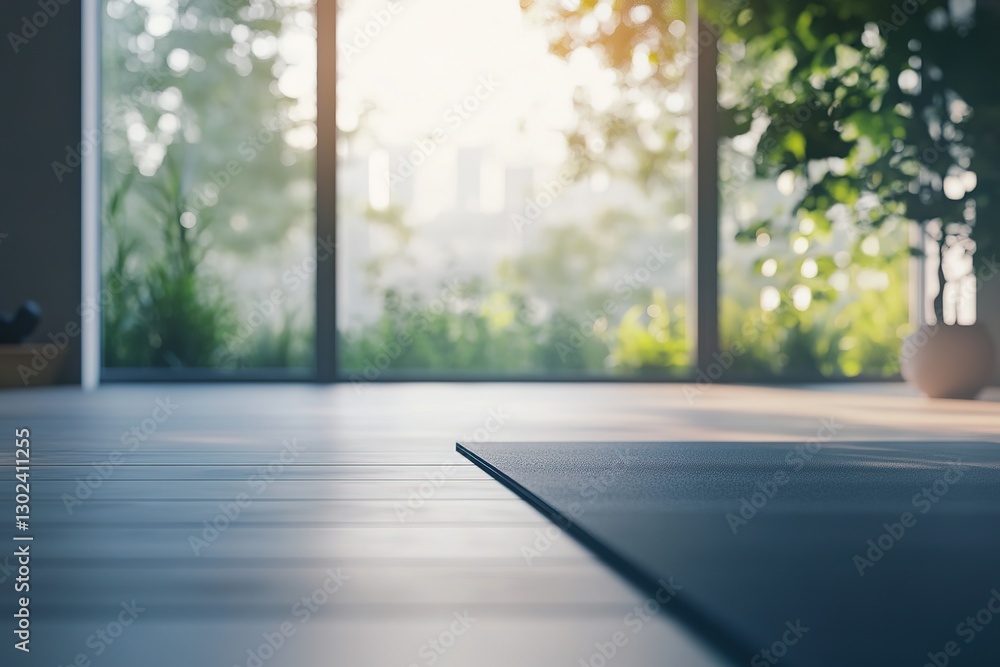 Fototapeta premium Serene Yoga Studio Interior Sunlight Through Window, Empty Mat