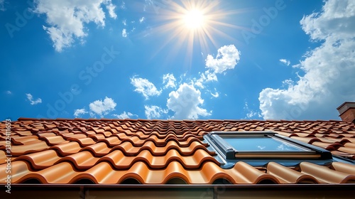 Roof tiles and a skylight under bright sunshine