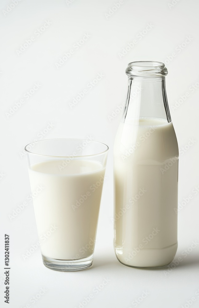Fresh milk in a glass and a bottle isolated on a light background showcasing its creamy texture and purity for culinary and beverage-related projects Fresh milk in a glass and a bottle isolated on a light background showcasing its creamy texture and purity for culinary and beverage-related projects