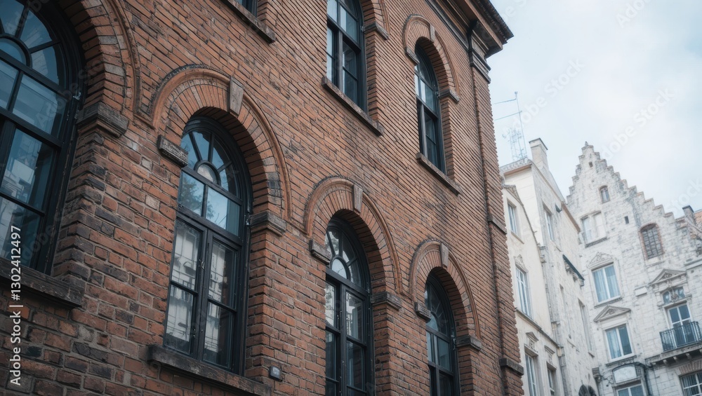 Fototapeta premium Detailed View of a Historic Brick Building with Arched Windows in an Urban Setting