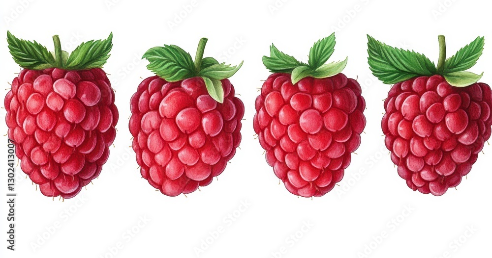 Fresh Red Raspberries with Green Leaves on White Background Fresh Red Raspberries with Green Leaves on White Background