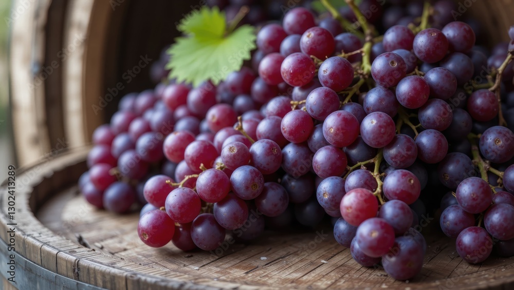 Fresh Purple Grapes Piled on a Wooden Barrel in a Rustic Setting, Evoking Harvest Season Fresh Purple Grapes Piled on a Wooden Barrel in a Rustic Setting, Evoking Harvest Season