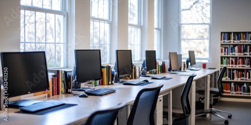 Modern library computer lab with workstations and bookshelves.