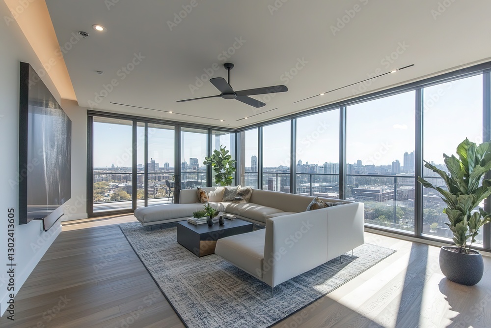 Fototapeta premium Modern Luxury Apartment Living Room with Panoramic City View