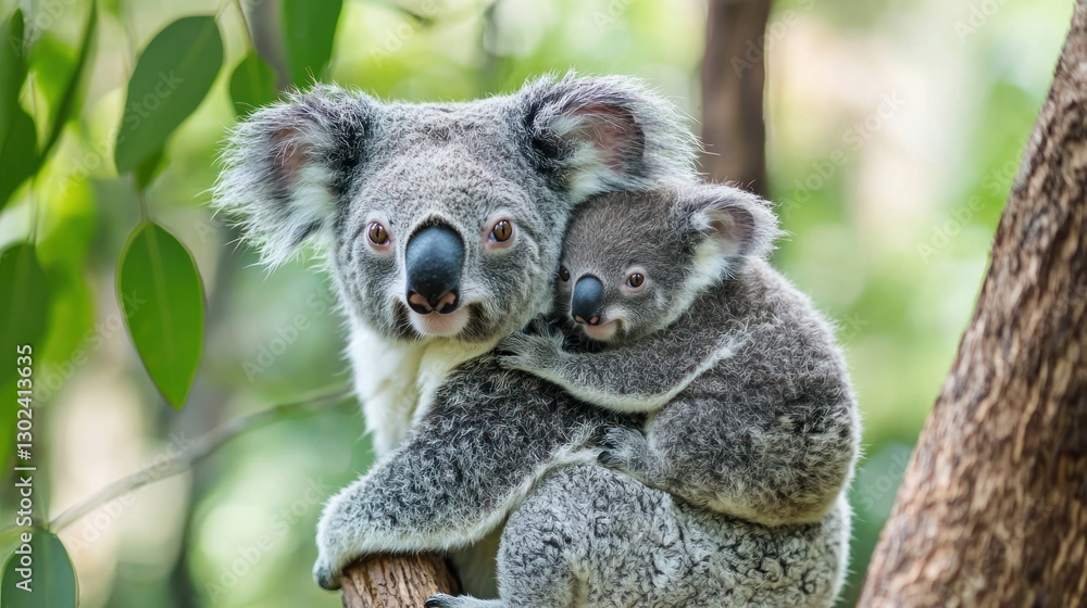 Fototapeta premium A cute baby koala clinging to its motherâ€™s back in a eucalyptus tree