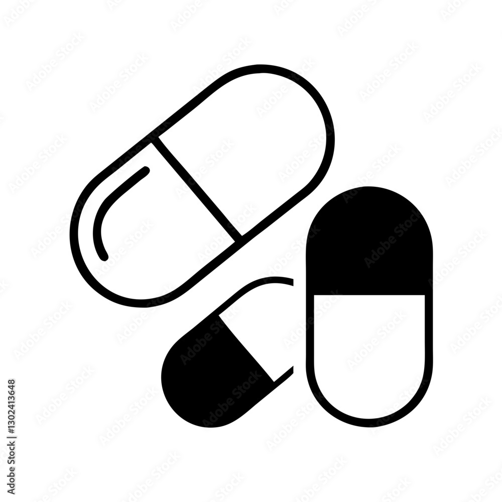 Capsules and pills, minimalistic, black and white, vector illustration Capsules and pills, minimalistic, black and white, vector illustration