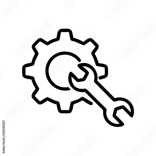 Simple black icon of a gear and wrench for mechanical engineering and repair services
