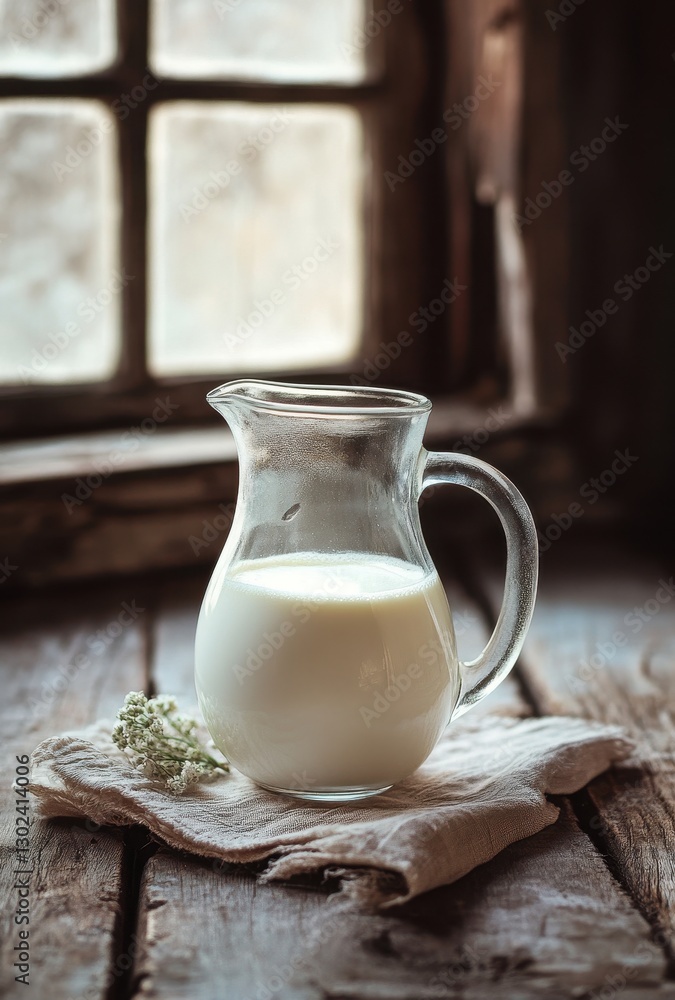 Fresh Milk in a Glass Jug on Rustic Wooden Table Near Old Window with Soft Natural Light Filtering Through the Pane Fresh Milk in a Glass Jug on Rustic Wooden Table Near Old Window with Soft Natural Light Filtering Through the Pane