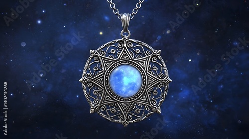Mystical amulet with a glowing blue gemstone against a starfield background