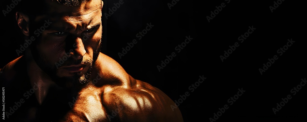 Strong muscular man posing in dramatic lighting against black background Strong muscular man posing in dramatic lighting against black background