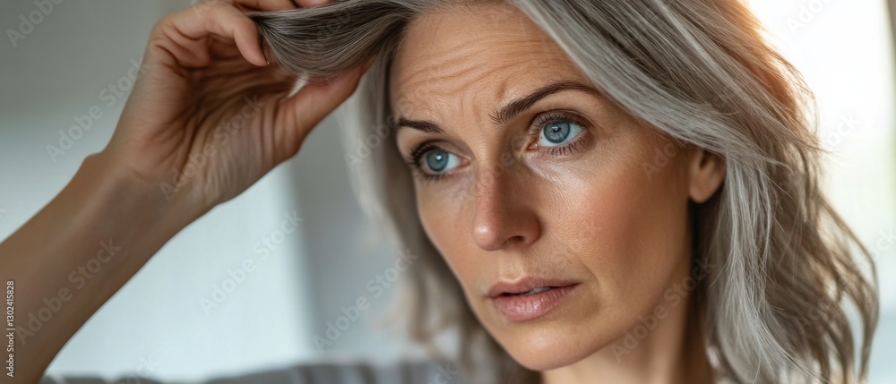 Naklejka premium Thoughtful mature white woman with silver hair examining her roots indoors Concept of aging gracefully, selfcare, and natural beauty