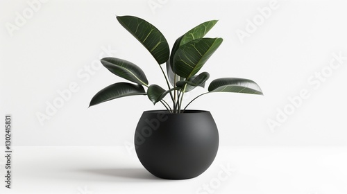 A thick rubber plant in a matte black vase, isolated on a clean white background. 