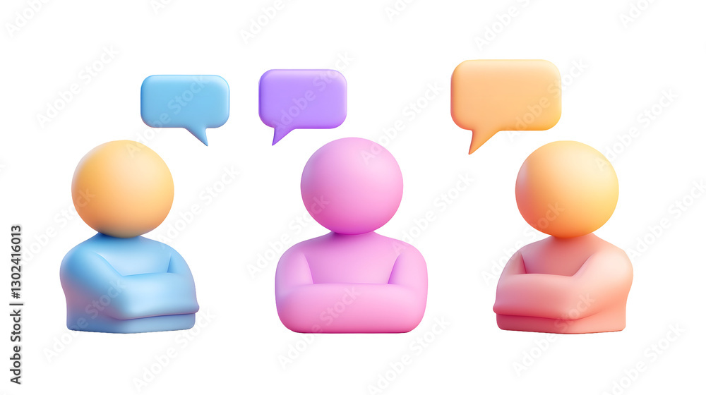 Futuristic and sleek 3D composition showcasing three uniquely colored abstract people icons each engaged in a collaborative conversation with floating speech bubbles above them Futuristic and sleek 3D composition showcasing three uniquely colored abstract people icons each engaged in a collaborative conversation with floating speech bubbles above them