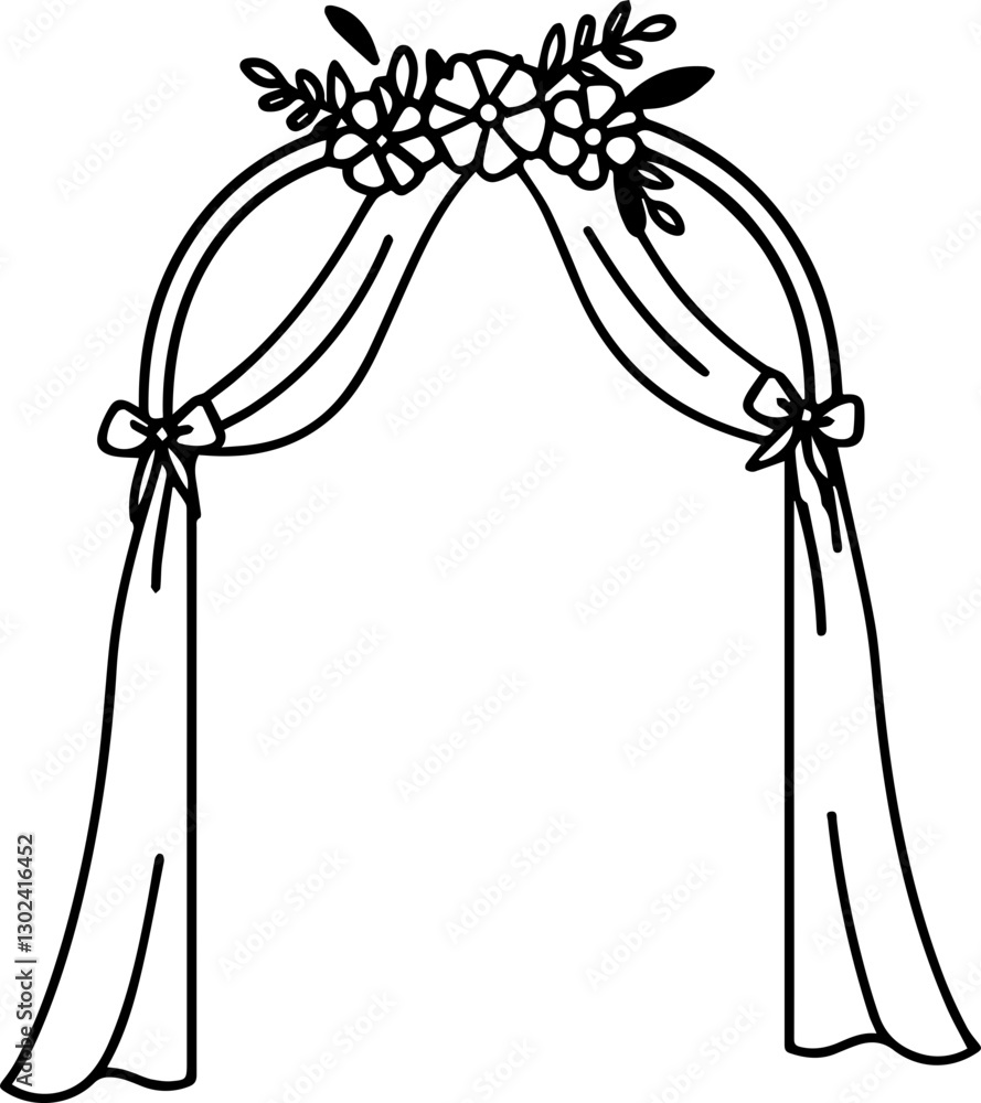 Obraz premium Wedding Planner concept Floral arch with draped fabric and bows, ideal for events.