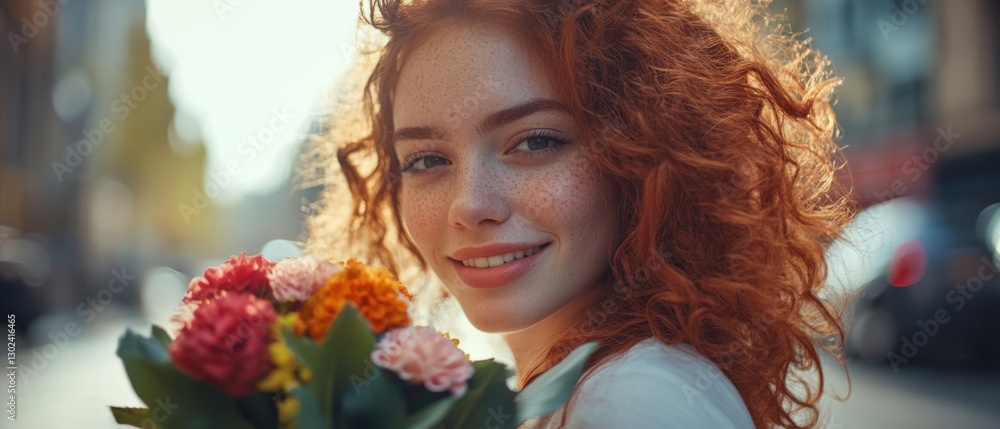 Naklejka premium Smiling Caucasian woman with red curly hair holding colorful flower bouquet outdoors on a sunny day Concept of beauty, spring, and gift