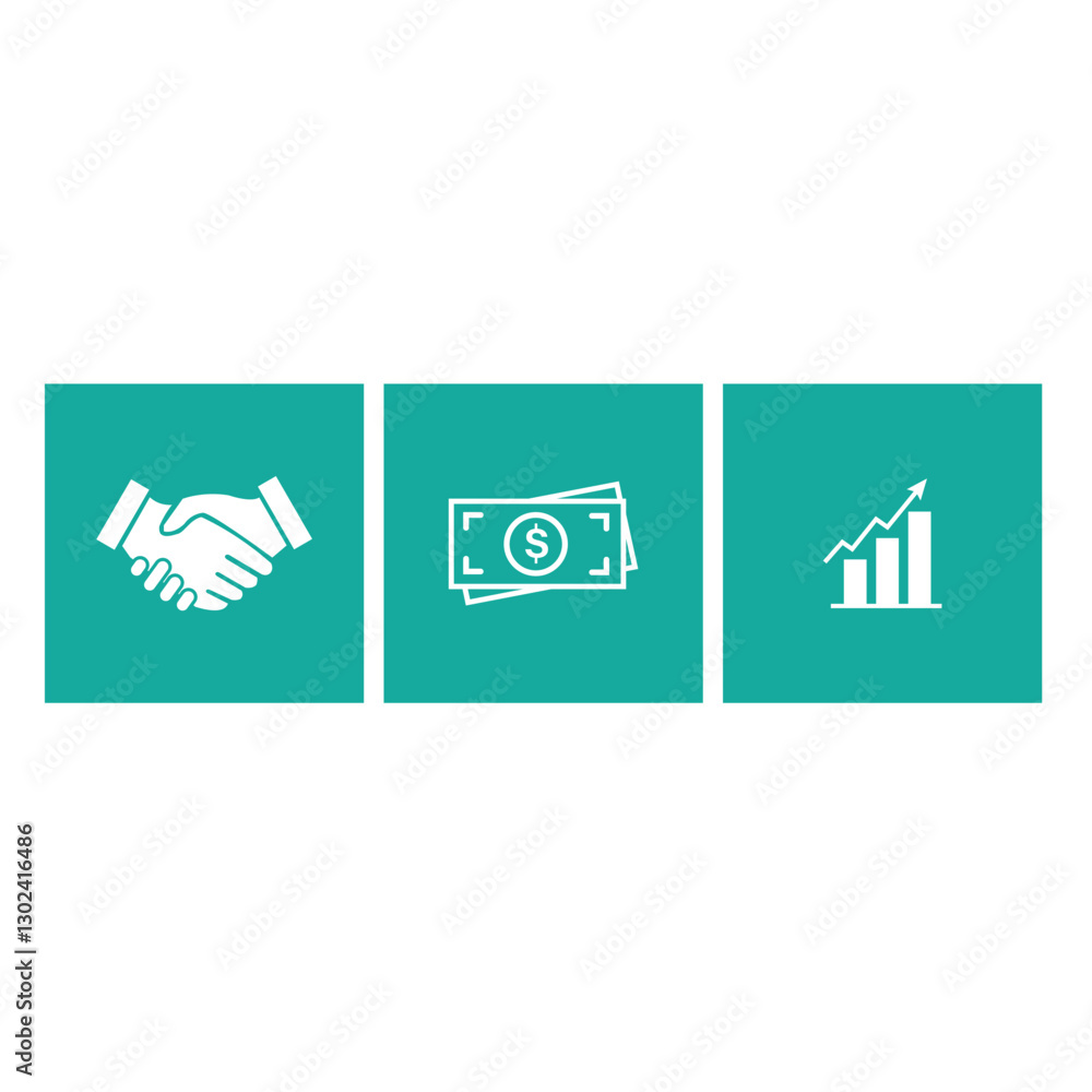 minimalistic business icons in a flat design style, The first icon should depict a handshake, symbolizing partnership and collaboration. minimalistic business icons in a flat design style, The first icon should depict a handshake, symbolizing partnership and collaboration.