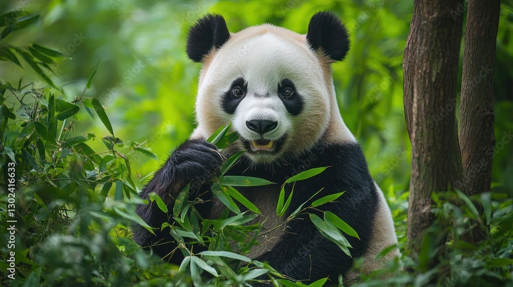 Fototapeta premium A giant panda sitting in a bamboo forest, happily munching on fresh green leaves