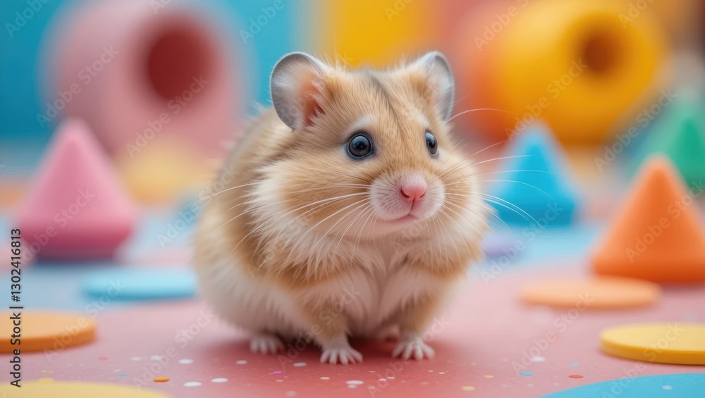 Close-Up Portrait of a Cute Hamster Surrounded by Colorful Shapes and Textures on a Playful Background Close-Up Portrait of a Cute Hamster Surrounded by Colorful Shapes and Textures on a Playful Background