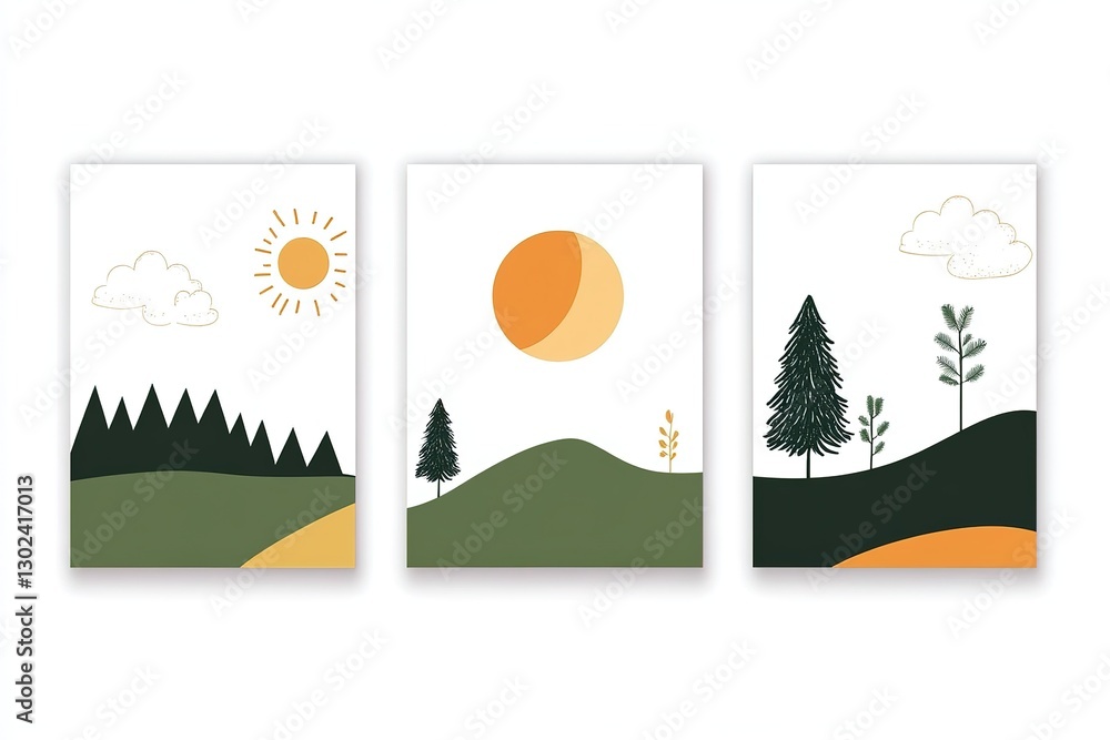 Fototapeta premium Modern Minimalist Landscape Art Prints Sun, Moon, Trees, Hills Wall Decor Set