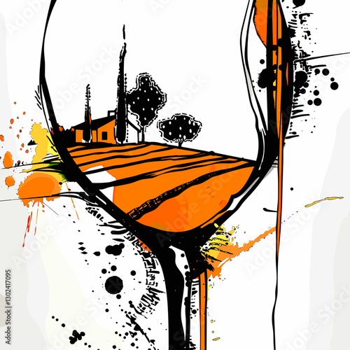 Abstract wine glass with orange and black splashes featuring a countryside landscape inside