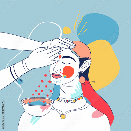 Artistic illustration of a woman enjoying a colorful facial treatment with a bowl of paste
