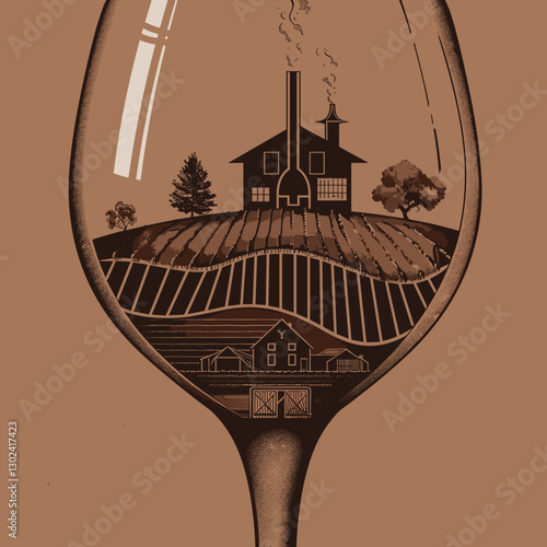 Artistic glass with landscape and winery illustration in a brown tone
