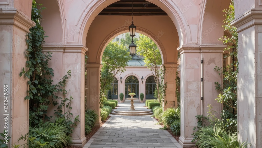Elegant Archway Pathway Surrounded by Lush Greenery and Sunlit Gardens in Urban Landscape Elegant Archway Pathway Surrounded by Lush Greenery and Sunlit Gardens in Urban Landscape