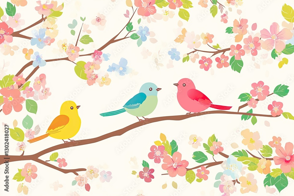 Three colorful birds are perched among flowering branches in spring Three colorful birds are perched among flowering branches in spring