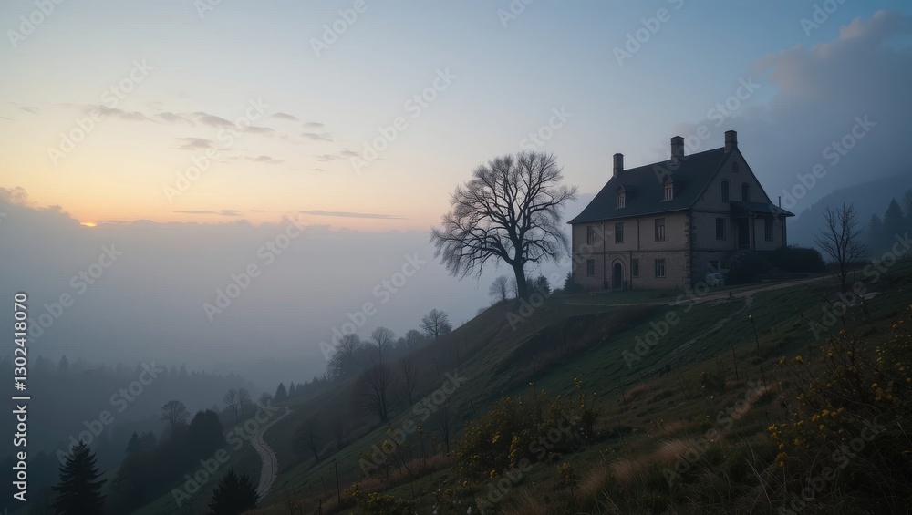 Secluded House on a Hill Overlooking a Misty Landscape at Sunset in Tranquil Nature Secluded House on a Hill Overlooking a Misty Landscape at Sunset in Tranquil Nature