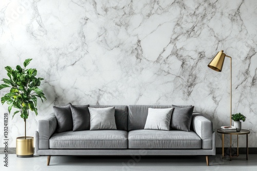 Modern living room interior with grey sofa, marble wall, and gold lamp.