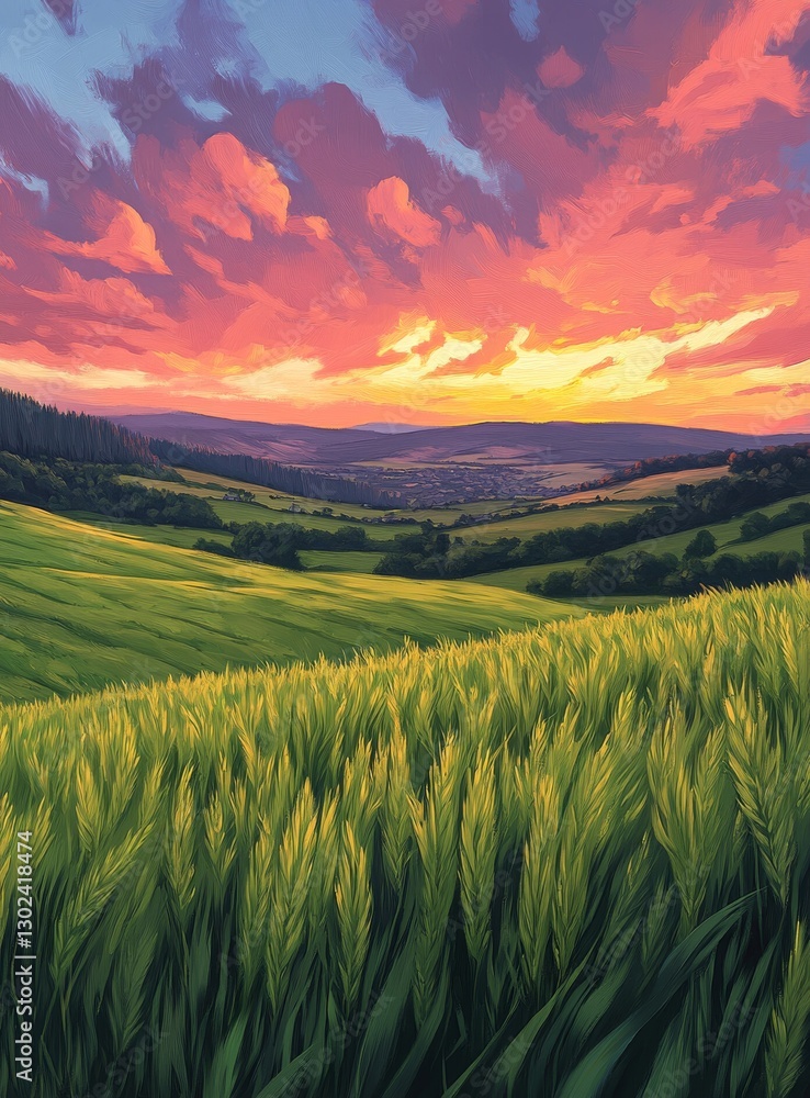 Obraz premium A landscape painted in watercolor, showcasing an abstract sky and clouds, all done by hand