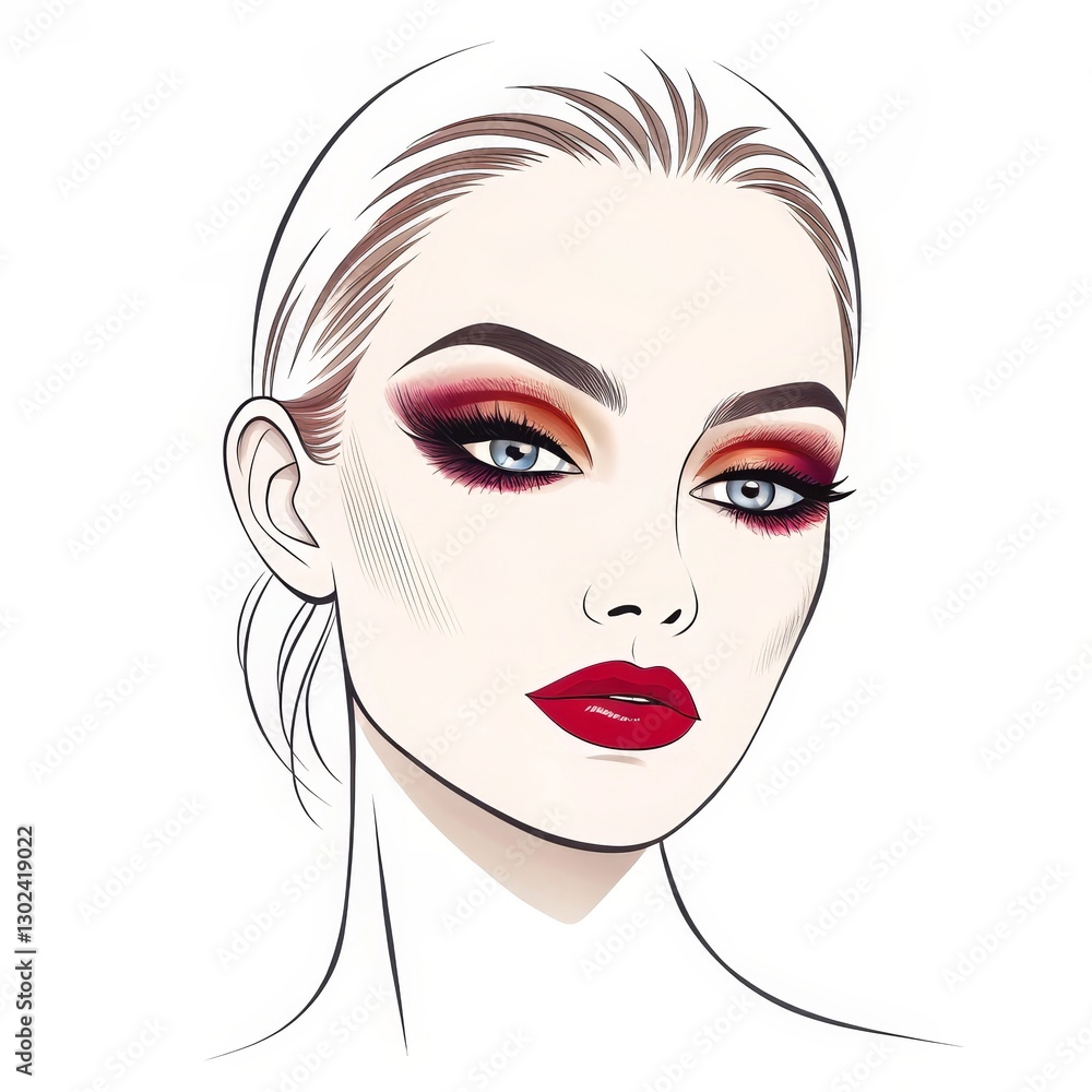 Woman Face Makeup, Red Lips, Isolated on White Background, Beauty, Illustration Woman Face Makeup, Red Lips, Isolated on White Background, Beauty, Illustration
