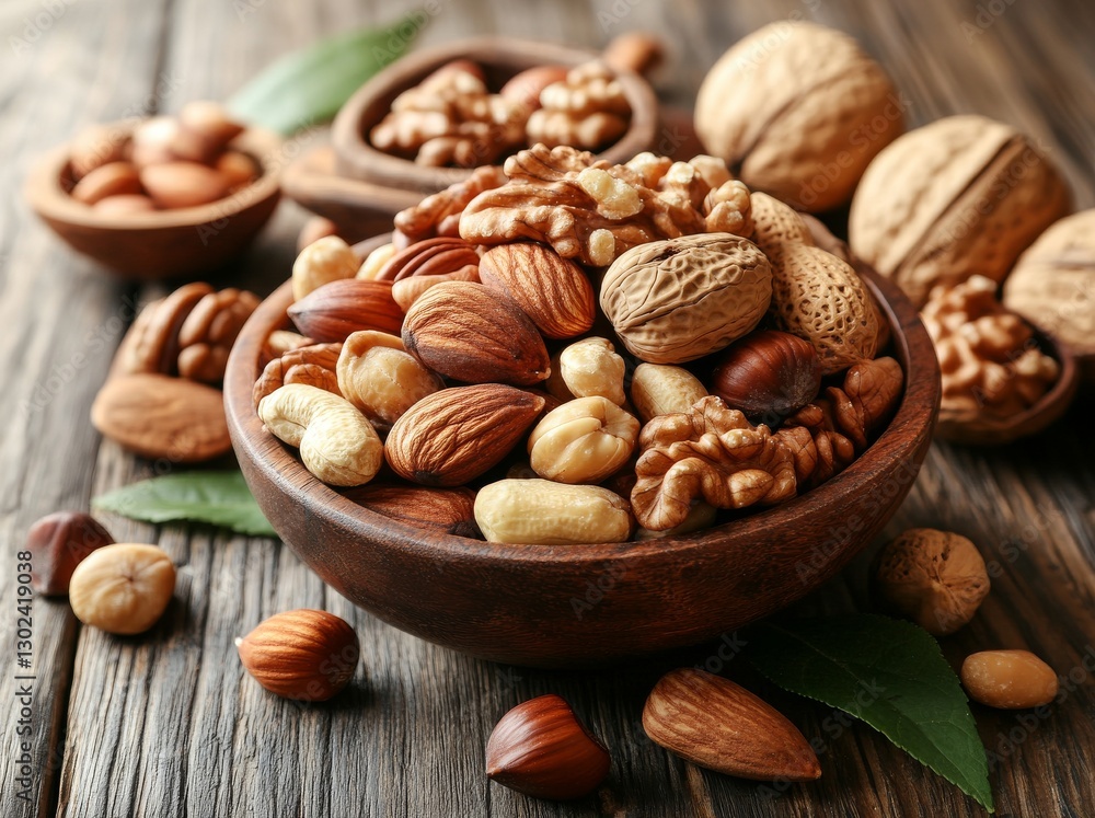 A tilt-shift photograph of stacked nuts (almonds, hazelnuts, walnuts) on wood A tilt-shift photograph of stacked nuts (almonds, hazelnuts, walnuts) on wood