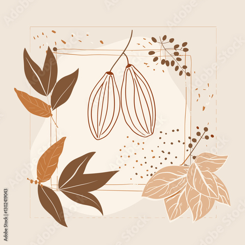 Elegant line drawing of cocoa pods framed by leaves on a soft background
